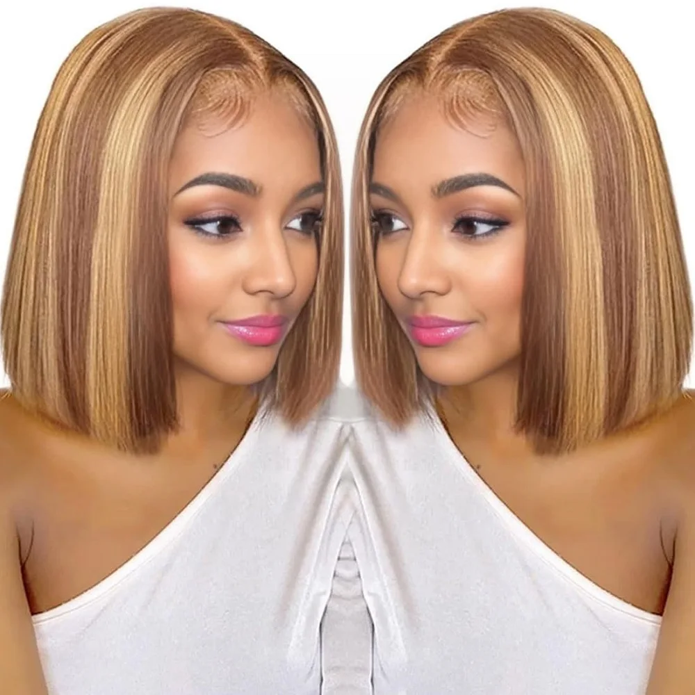 6x4 Highlight Bob Парик Фронта Шнурка Человеческие Волосы 200% Плотность 4/27 Бесклеевые Парики Человеческие Волосы Предварительно Сорванные Бесклеевой Парик