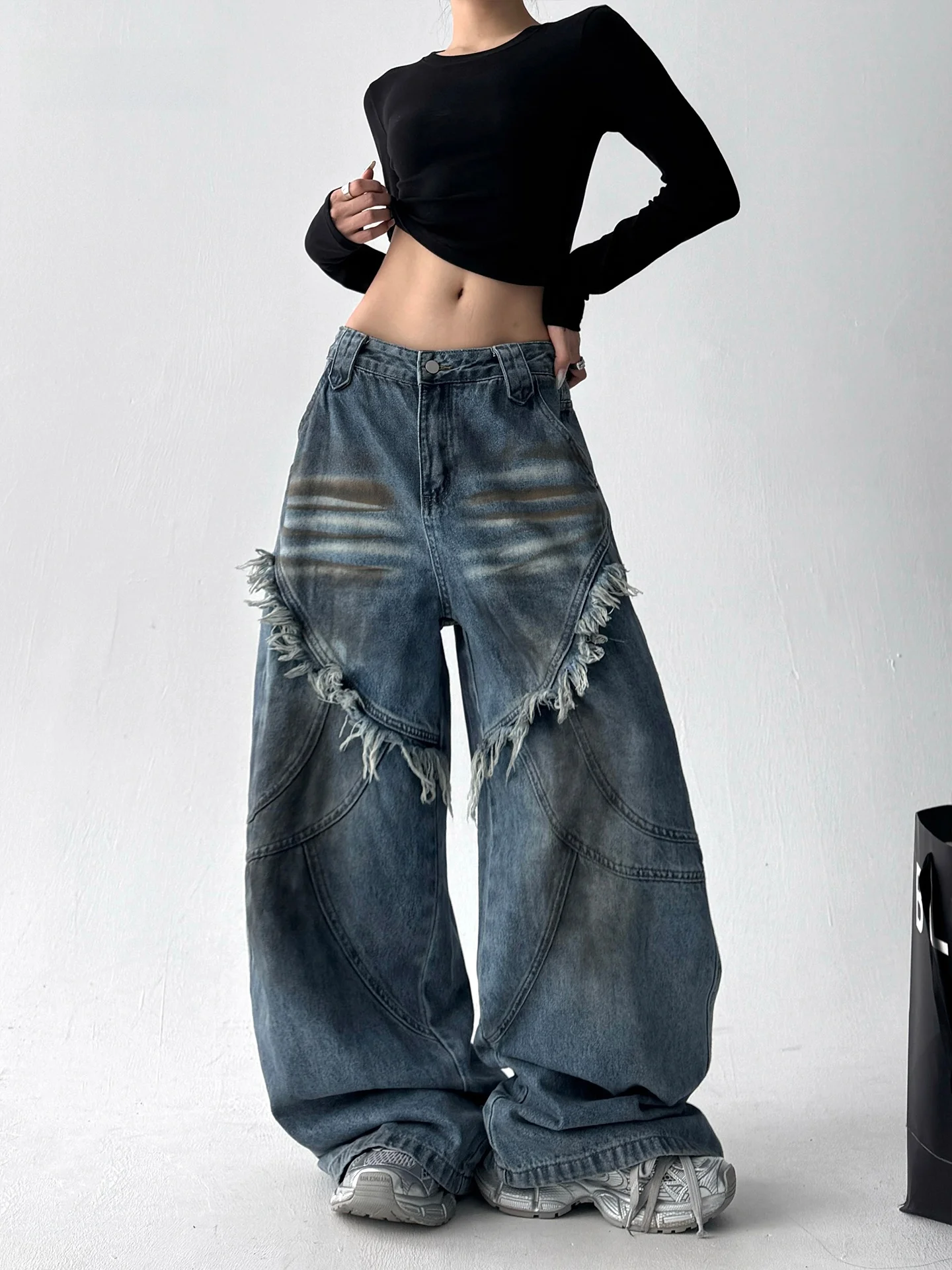 

Blue Frayed Hem Denim Jeans Women's Wide Leg Casual Sle Spring Autumn New Hot Trend Cotton Blend Comfortable Loose Fit