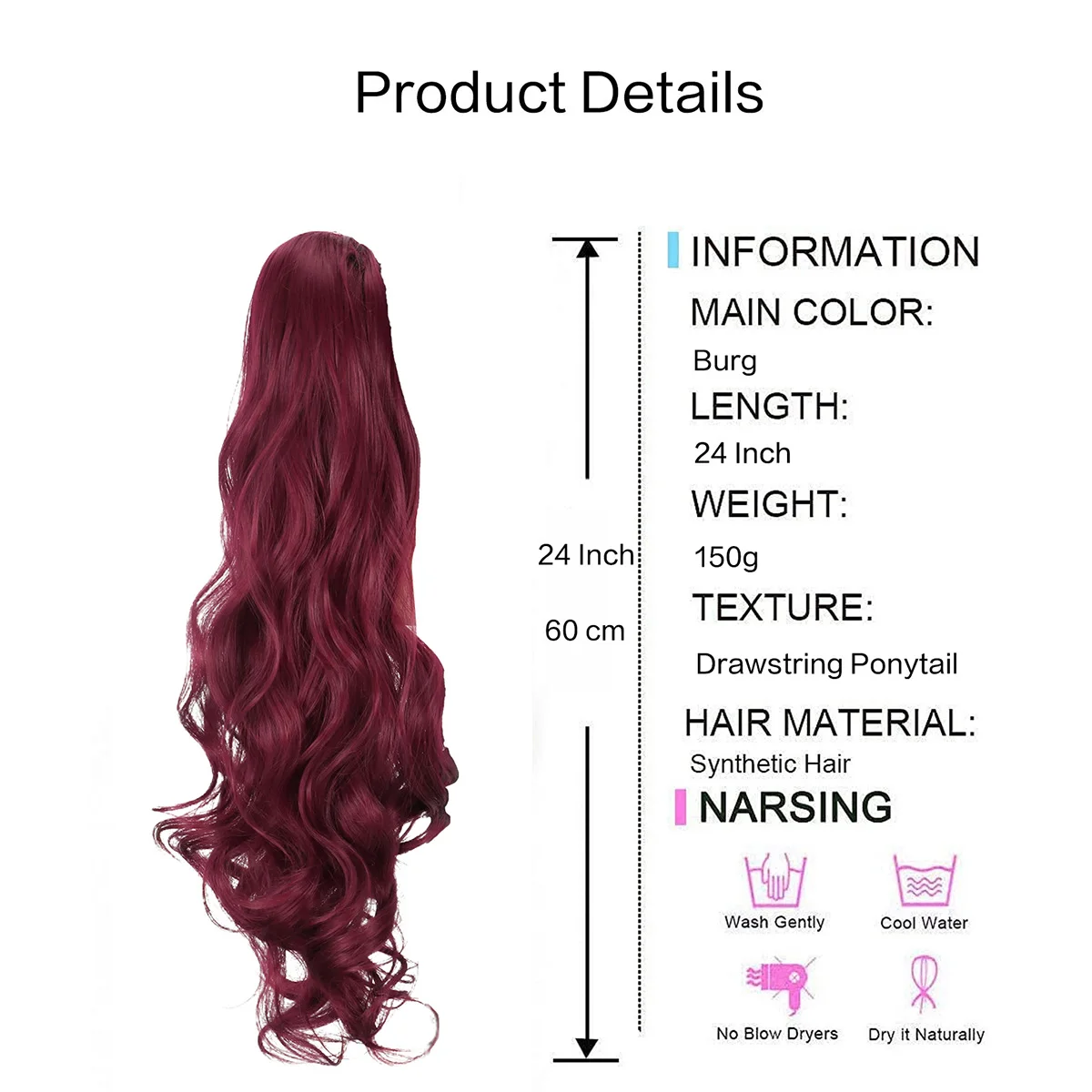24 Inch Long Body Wave Ponytail hair Extension Synthetic Heat Resistant Long Drawstring Curly Wavy Ponytail Hairpieces For Women