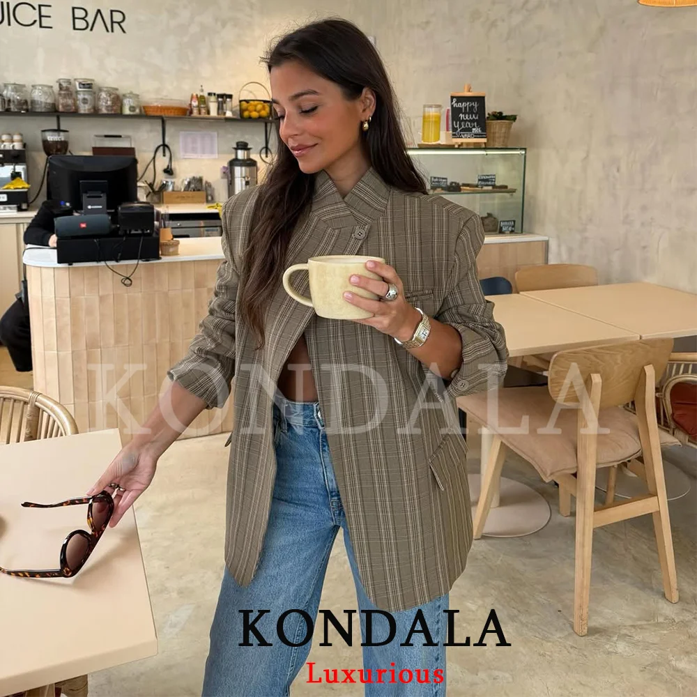 KONDALA Office Lady Chic Plaid Women Blazer Single Button Front Split Oversize Blazer Fashion 2026 Spring Summer Office Lady Top