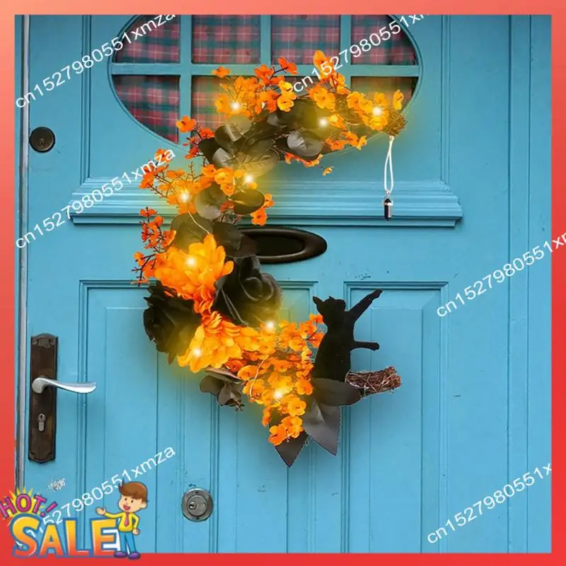 ABCL Halloween Moon Door Wreath Light-Up Cat Garland With Black Rose&Yellow Flowers For Front Door Favor