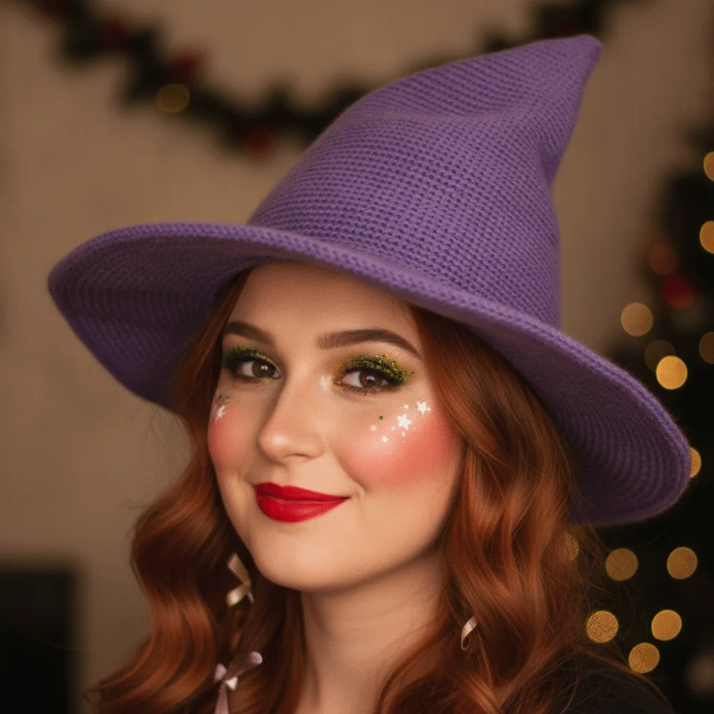Cosplay Headpiece Knitted Witch Hat Wide Brim Pointed Top Wizard Cap Soft Yarn Solid Color Pointed Bonnet Halloween Party