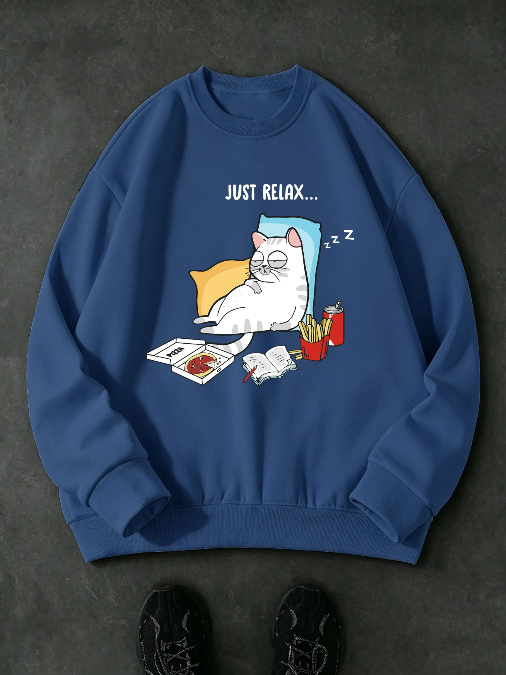 Just Relax A Lazy Cat With Drowsiness Print Men Autumn Street Sweatshirts Classic Basics Tops Unisex Crewneck Fleece Streetwear
