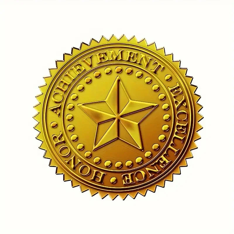 Certificado em relevo adesivos para escola e trabalho, Gold Foil Star, elegante prêmio e gravado, alta qualidade, 2 ", 120pcs