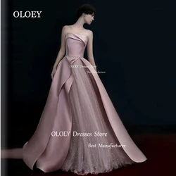 OLOEY Elegant Strapless Black Satin Evening Dress Sleeveless Pink Tulle Pleats Wedding Party Dress Wedding Photoshoot A Line