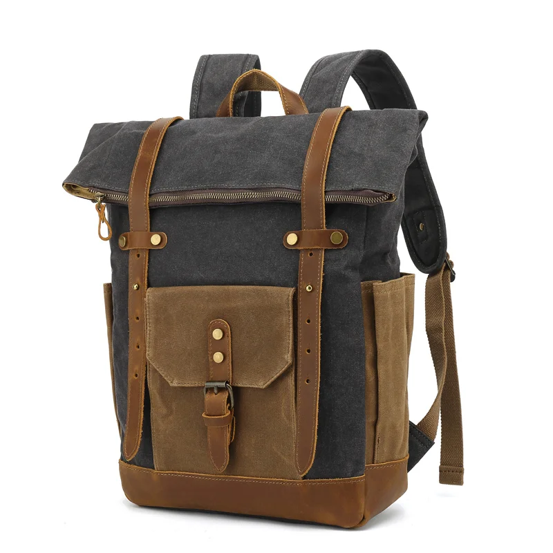 

New Fashion Backpack Leather Canvas Men School Bag Military Women Rucksack Male Knapsack Bagpack Mochila