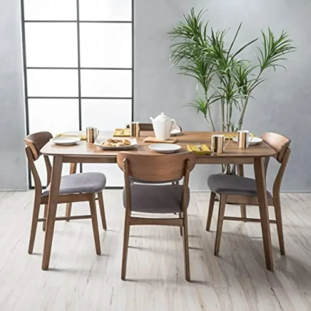 

60" Rectangular Dining Set, 5-Pcs Set, Natural Walnut / Dark Grey, Dining Room Table Set, Kitchen Tables sets