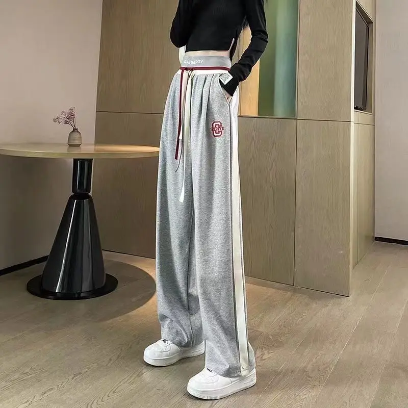 Fashion High Waist Straight Pants Spring Autumn New Drawstring Contrast Striped Loose Wide Leg Pants Casual Trend Women Clothing