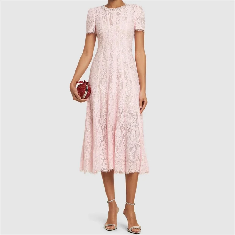 

Women's dress New lace flower embroidery long dresses for summer 2025 Artificial pearl decorated short sleeved midi dresses y2k