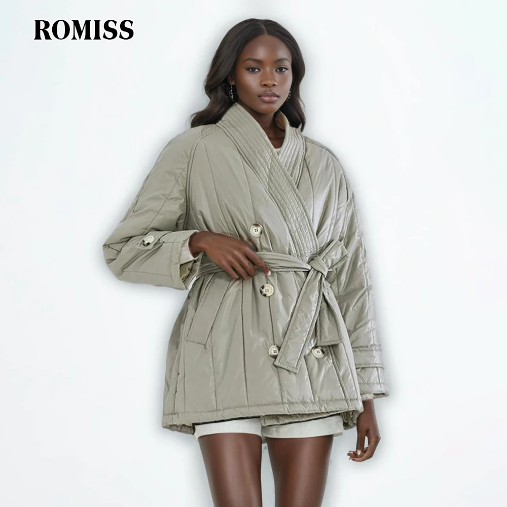 

ROMISS Patchwork Lace Up Coat For Women V Neck Long Sleeve Double Breasted Coats Female Casual Winter Fashion Clothing Style