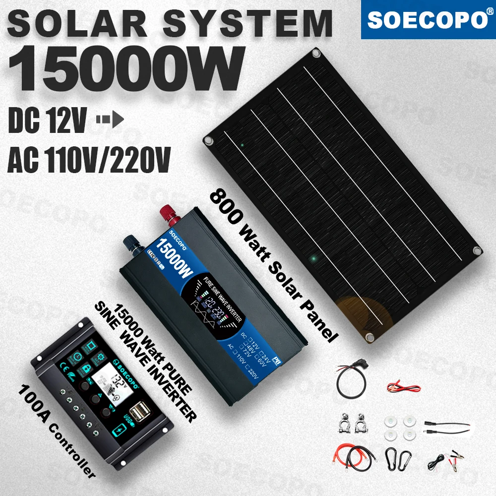 

15000WPeak Solar System Kit 800WPanel 100AController 12V110V220VPure Sine Wave Inverter Generator for Camp Home charger off grid