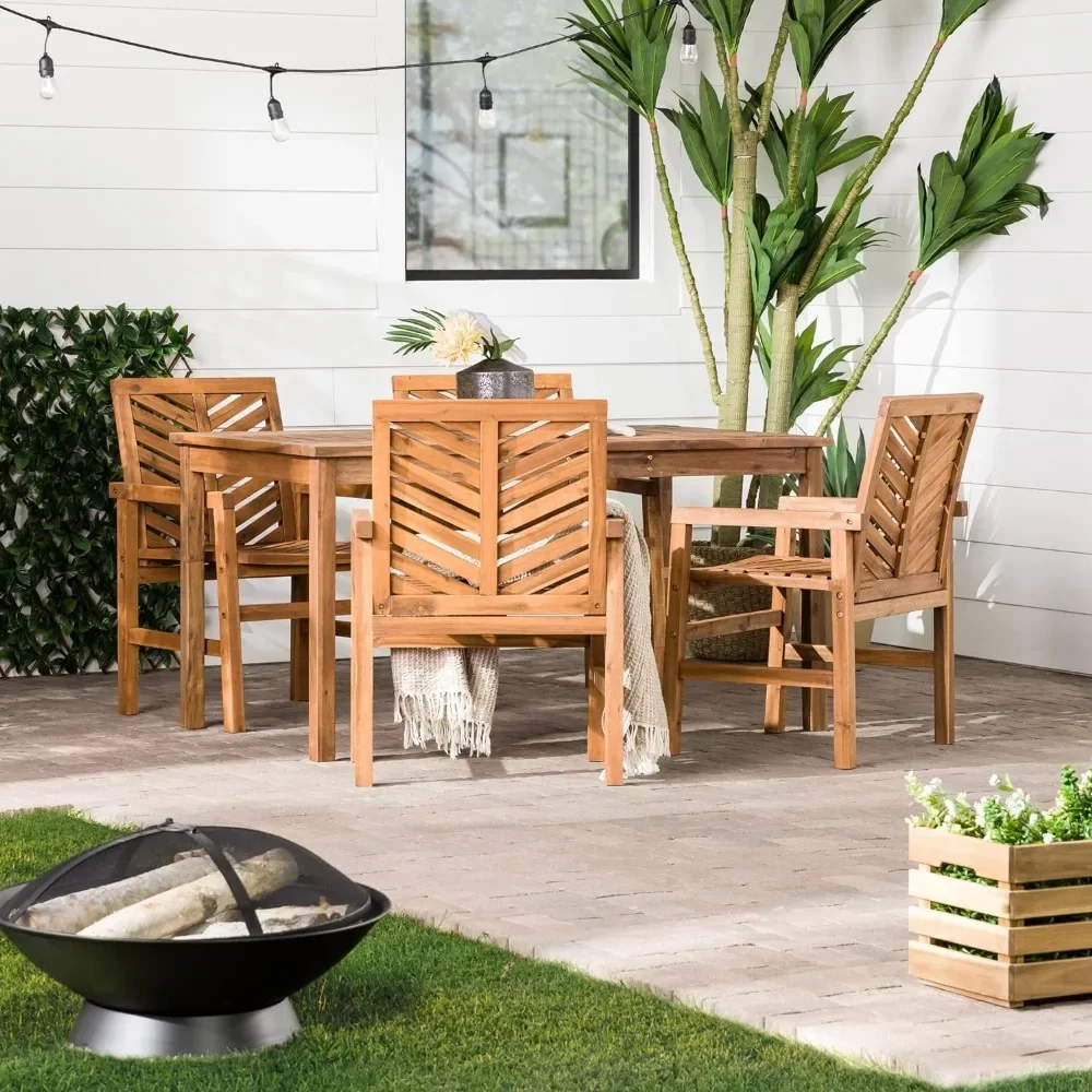 

4 Person Outdoor Wood Chevron Patio Furniture Dining Set Table Chairs All Weather Backyard Conversation Garden Poolside Balcony