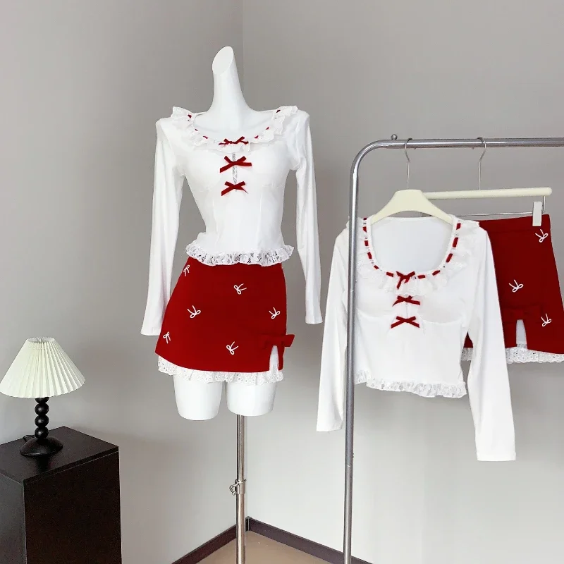 

Sweet Elegant Patchwork Slim 2-piece Set Women Design Retro Lace Bow Thin Tops Female + High Waist Red Short Skirt Suit 2025