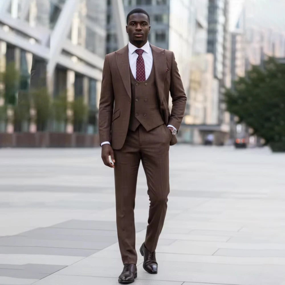 

High Quality Men Suit Brown 3pcs Peaked Lapel Single Breasted Herringbone Groom Wedding Tuxedo Business Office Blazer Customized