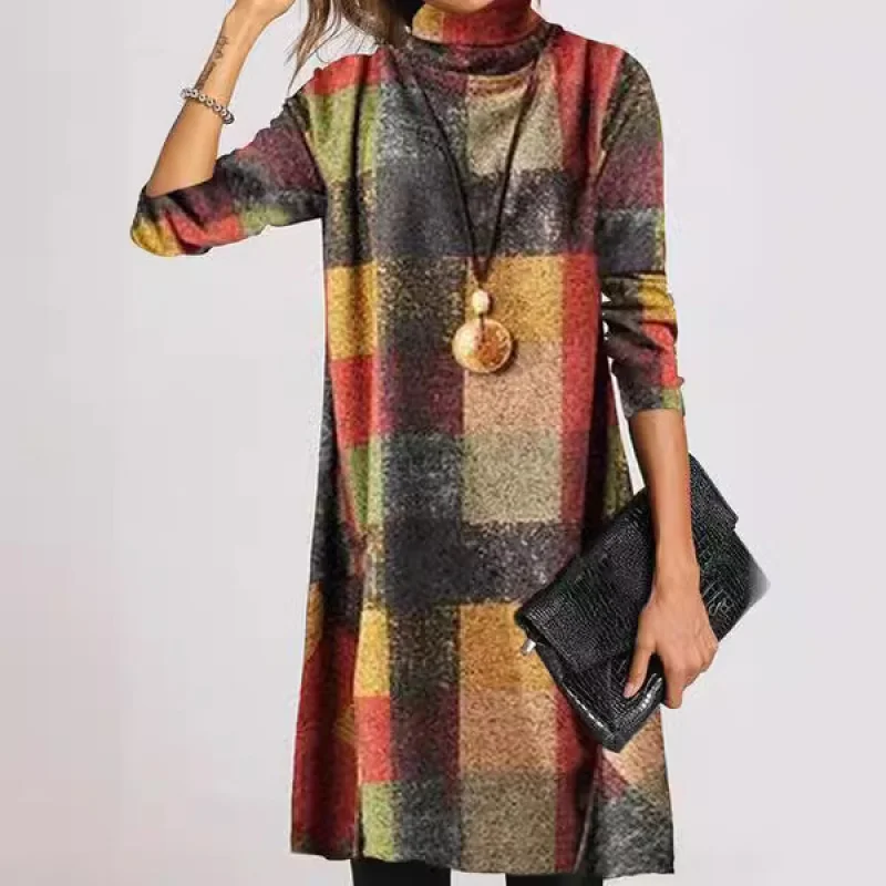 2023Autumn and Winter New Retro Thickened French Cashmere Sanding Turtleneck Long Sleeve Plaid Dress Factory direct sales