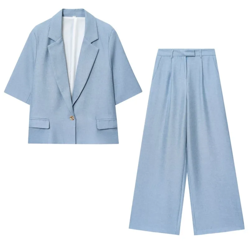 

Женский комплект брюк с высокой талией, комплект из 2 предметов, укороченные подплечники с короткими рукавами, блейзер, плиссированные брюки с дартсами, женский комплект из 2 предметов