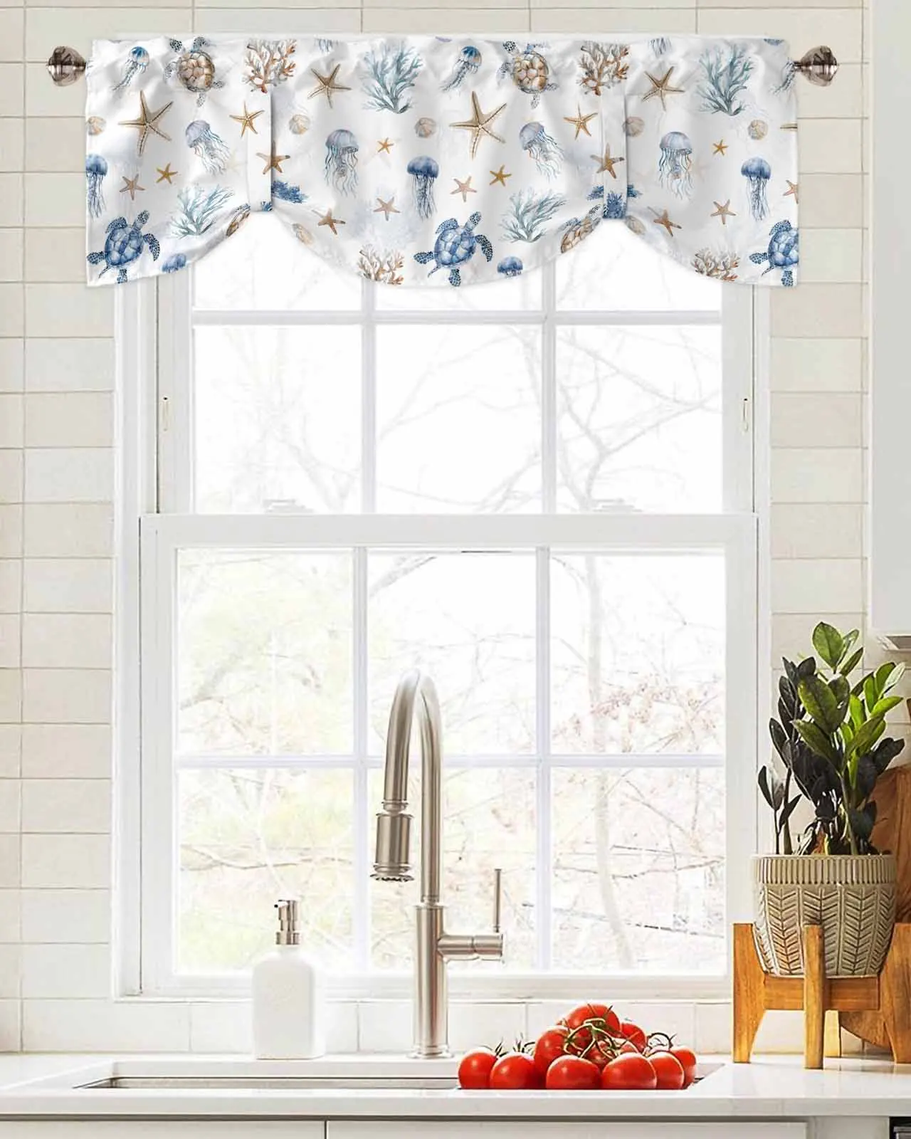 Sea Turtle Coral Jellyfish Short Window Curtain Adjustable Tie Up Valance for Living Room Kitchen Window Drapes