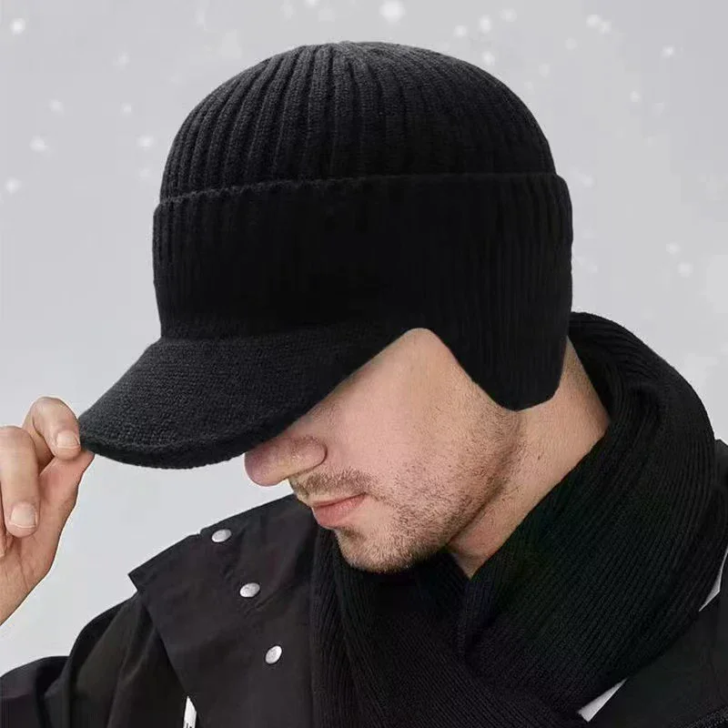 Men Women Winter Warm Knitted Beanie Ear Flap Fleece Lined Short Brim Cap Outdoor Ski Cycling Weather Earmuff Hat