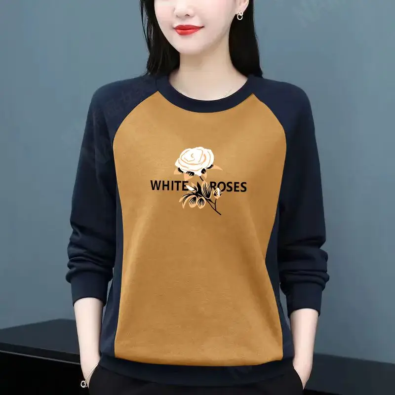 Women's Autumn Casual Simplicity Printing Patchwork O-neck Long Sleeve Sweatshirts Women Clothes Fashion All-match Loose Tops