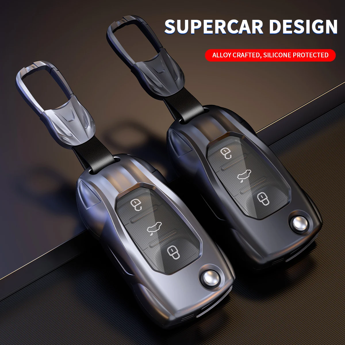 Sports Car Shape Zinc Alloy Silicone Car Key Case for VW Volkswagen 3‑Button Folding Remote Key Protective Shell with Keychain