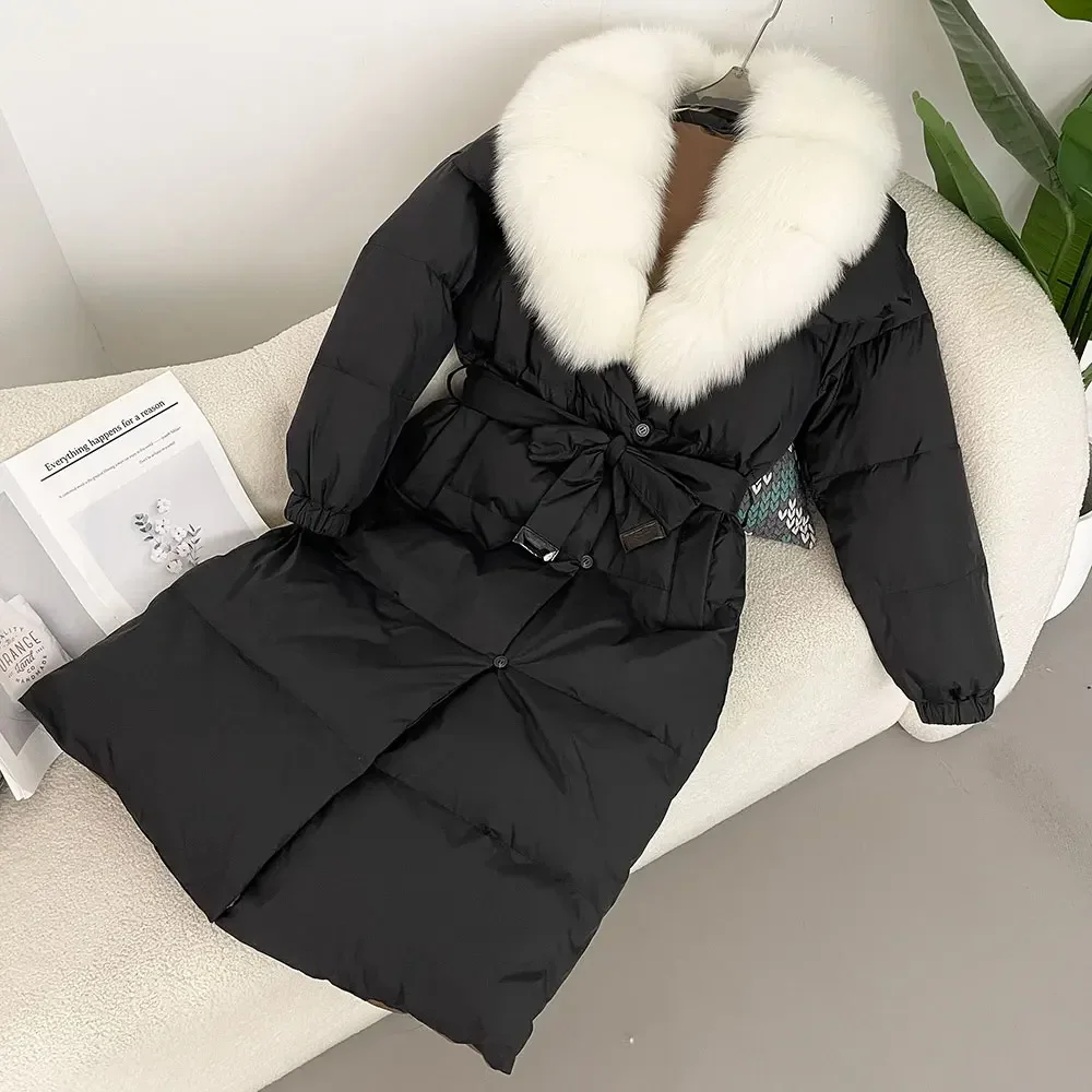 Luxurious 2024 Winter Jacket Women Natural Real Fox Raccoon Fur Collar 90% White Duck Down Coat Thick Warm Belt Casual Outerwear