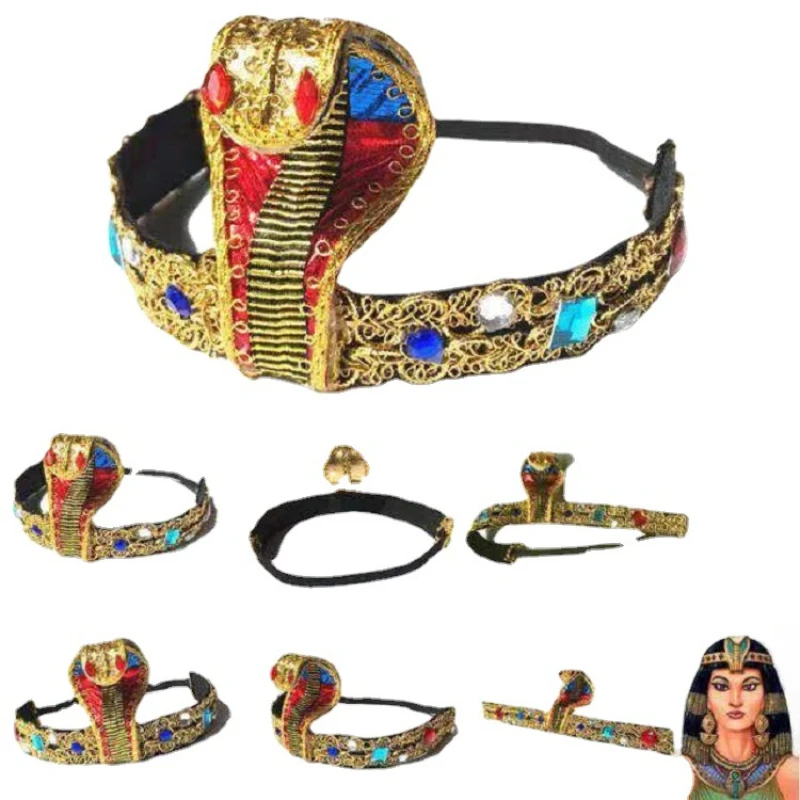 Halloween Cleopatra Diamond Headdress Gold Gemstone Snakehead Headdress Party Costume Accessory Snake Headpiece