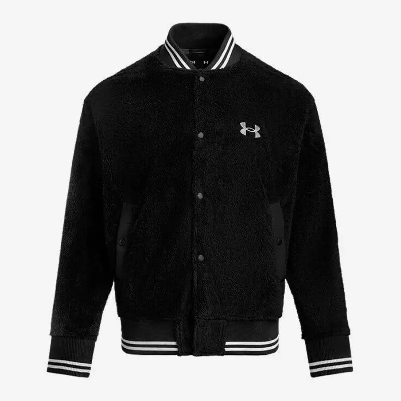 Under Armour 1389370‑001 Men Knit Bomber Jacket Loose Fit Snap Pockets Classic Pilot Collar Sport Casual Outerwear Black Coat