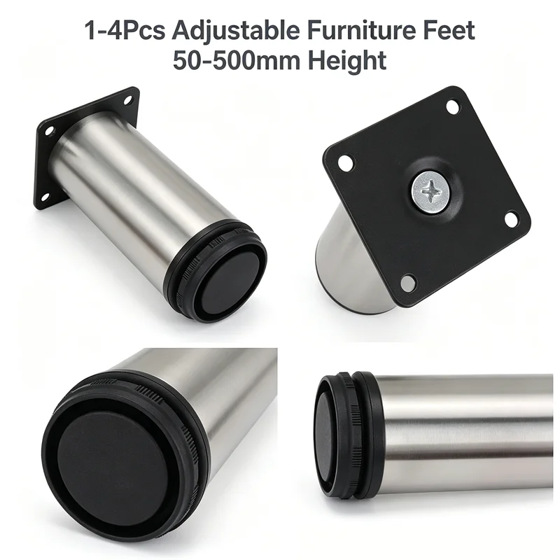 1‑4Pcs Adjustable Stainless Steel Furniture Feet 50‑500mm Height Non‑Slip Cabinet Couch Support Leg Hardware Foot Pad