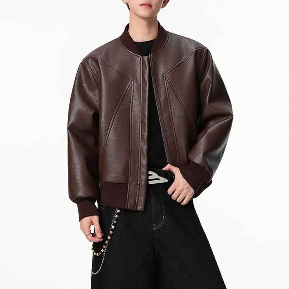 

Autumn New Men's Solid Color Long-Sleeved Leather Jacket American Retro Fashion Trend Simple Casual Loose Niche Men's Tops 2025