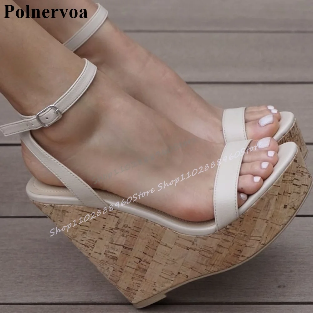 Nude Narrow Strap Wood Print Platform Sandals Wedges High Heel Women Shoes Ankle Buckle Strap Open Toe 2025 Zapatos Para Mujere