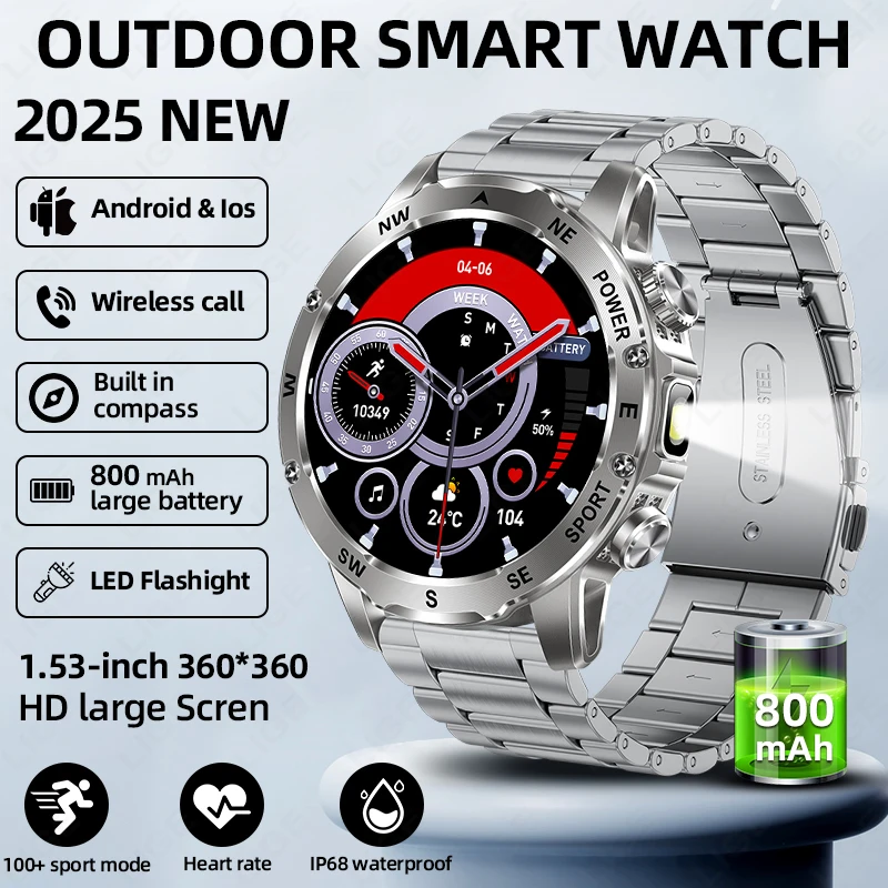 

LIGE 800mAh Large Battery Compass Men Bluetooth Call Smart Watch IP68 Waterproof Health Monitor Sports Fitness smartwatches