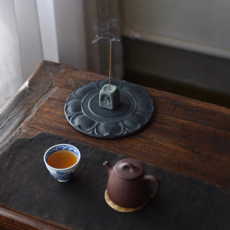 Black Basalt Coasters Premium Hand Carved Lotus Pattern Heat Resistant Oriental Zen Home Office Tea Ceremony Luxury Gift 20cm
