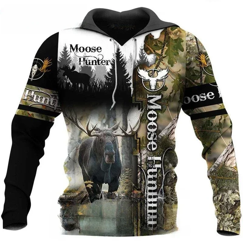 Fashion Deer Hunting Animal Men\'s Hoodie 3D Print Autumn Sweatshirt Orange Camouflage Street Casual Long Coat Hooded Mantle