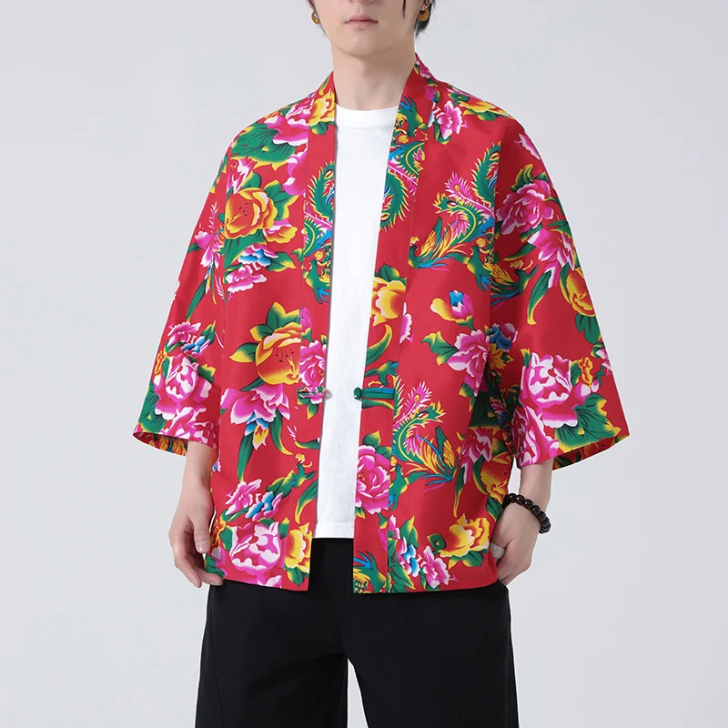 Kimono Traditionnel de Samouraï pour Homme et Femme, Imprimé Chinois de Grandes Fleurs, Cosplay Haori, Cardigan d'Entrée, Chemise d'Été, Plus M-5XL