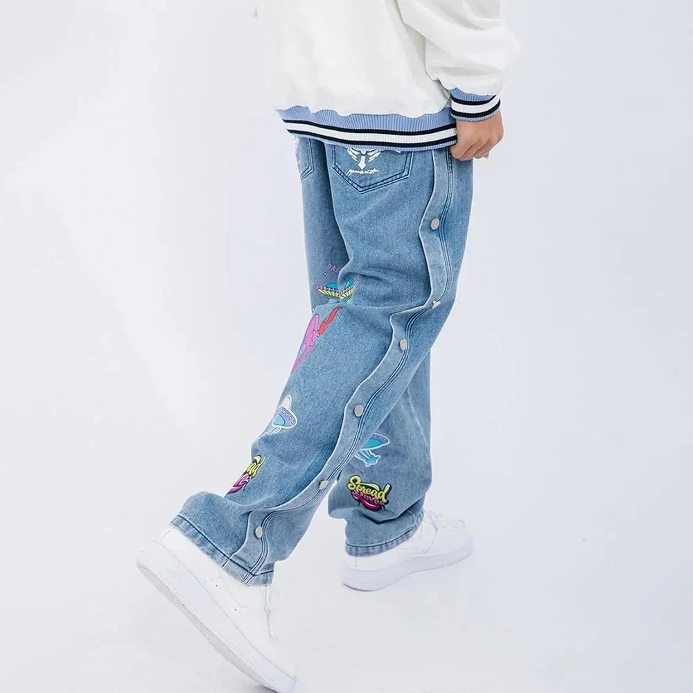 Men Black Denim Pants Fashion Trousers Oversize Cartoon Graffiti Loose Wide Leg Pant Cargo Jeans Streetwear Hip Hop Punk