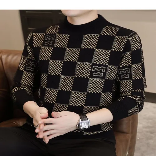 Imagen 1 del producto Suéter a cuadros para hombre, otoño e invierno, nueva marca de moda, suéter de punto jacquard con cuello medio alto y capa inferior