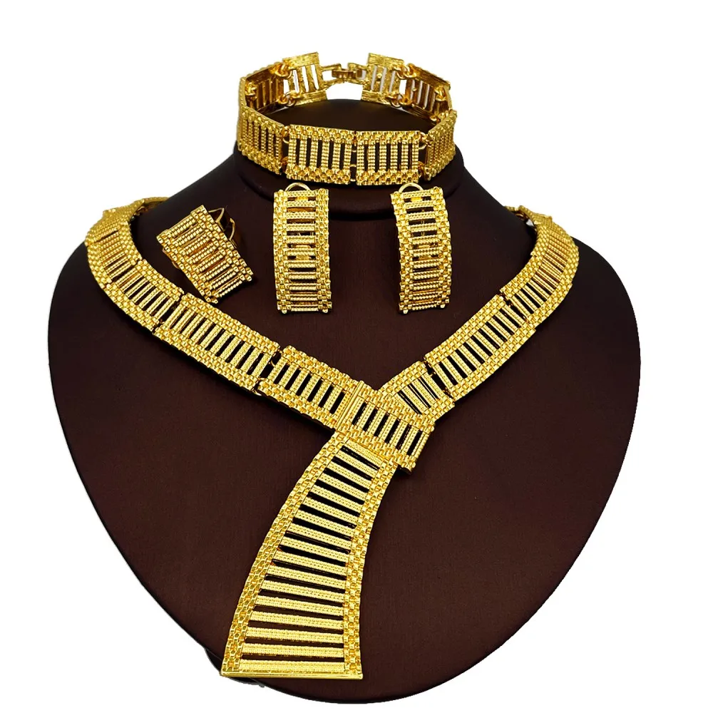 

Hight Quality Africal Jewelry Set Fashion Statement Bridal Wedding Jewellery Gift 18K Gold Plated Necklace Bracelet Earring Ring