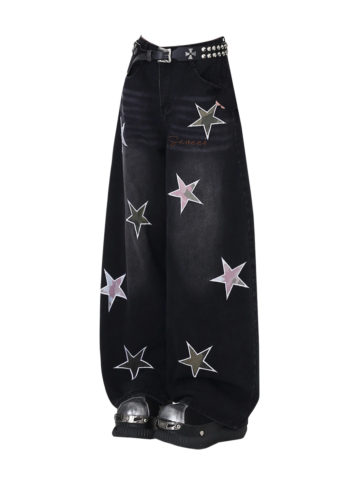 

Women Black Gothic Emo Y2k Baggy Star Jeans Japandi Style Oversize Embroidery Jean Pants Vintage Harajuku Denim Trousers Clothes