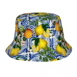 Mediterranean Lemon On Blue Ceramic Tiles Unisex Bucket Hats Customize Summer Travel Beach Summer Citrus Fruit Hat