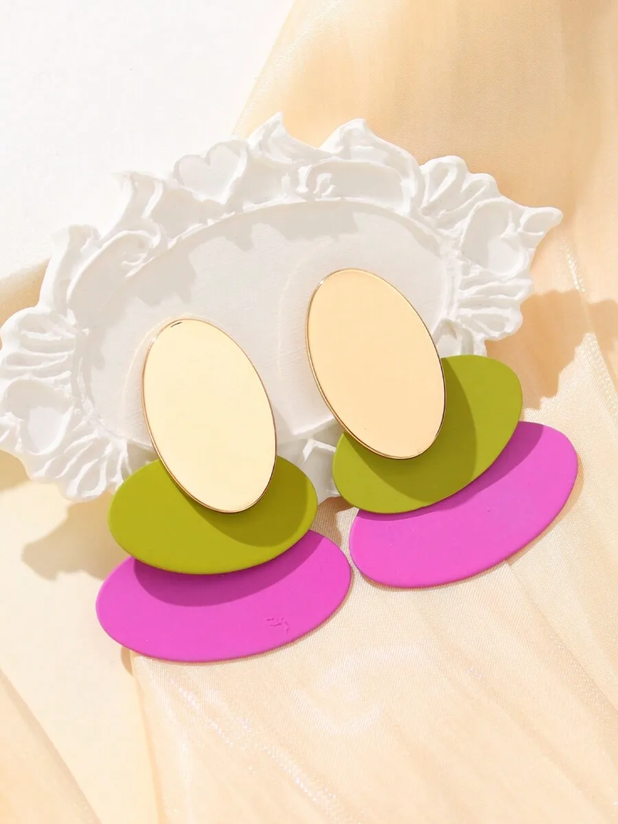 

Oval Geometric Layered Earrings Mint Green Purple Alloy Women Fashion Drop Earrings