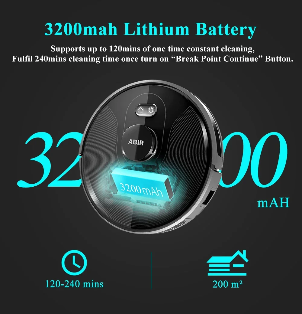 Ridar Navigation، مكنسة كهربائية روبوتية أوتوماتيكية ABIR X8، مكنسة كهربائية ذاتية الشحن، تحكم في تطبيق WiFi