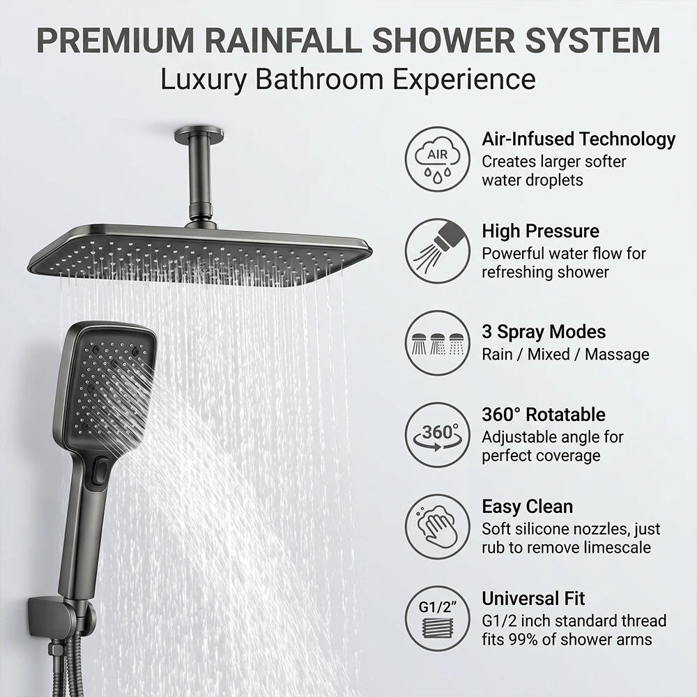 

Premium Rain Shower Head Set, Handheld & Overhead, High Pressure, Air Infused Massage, Water Saving, Easy Install, Universal Fit