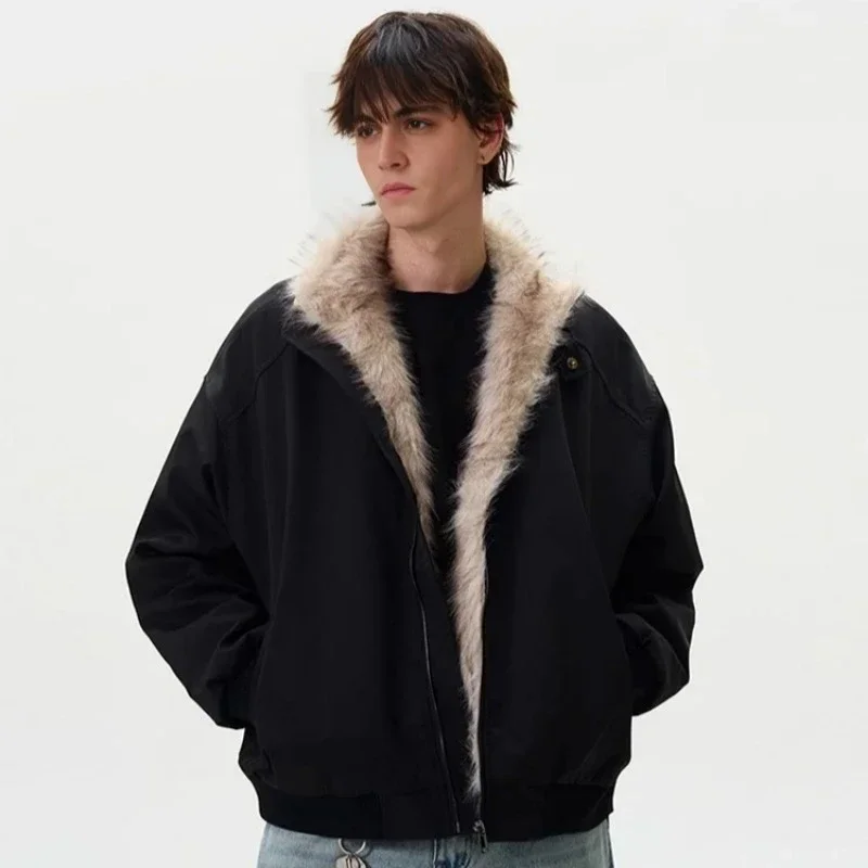 

American style workwear jacket large fur collar Seat Mountain Carving jacket cotton clothing men women winter short thickened