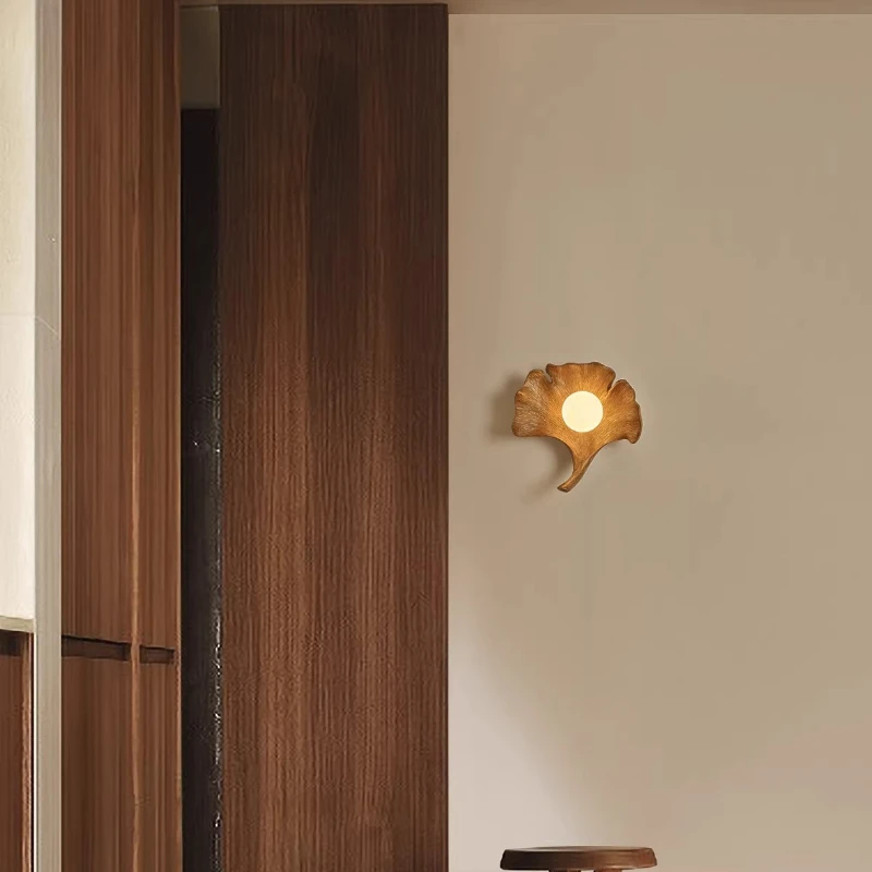Modern Wood Grain Carbon Steel LED Wall Lamps Ginkgo Biloba Leaf Homestay Balcony Corridor Living Room Sconces Glass Ball Light