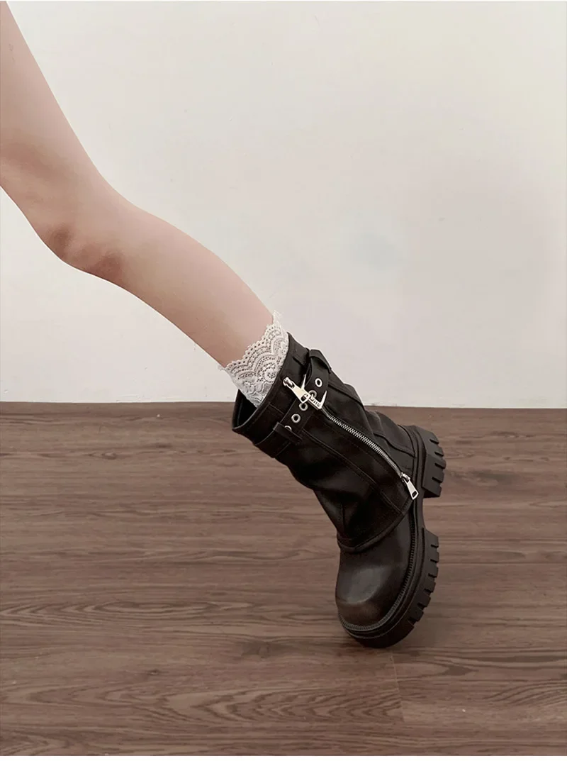 Winter Damen Biker Stiefel Mode Gürtelschnalle Elegante Plateau Flache Kurze Stiefeletten Lässige Damen Ritterstiefeletten – Detail 10