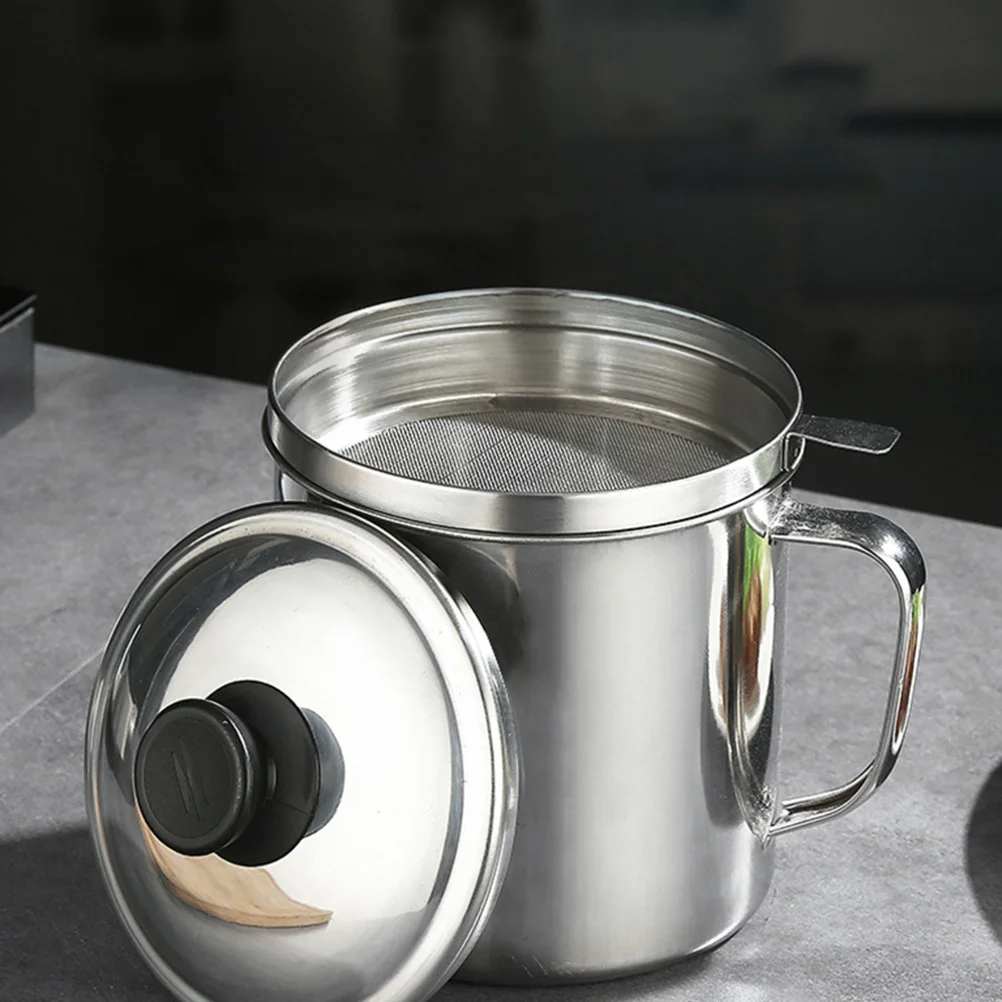 

1pc 1.4L Strainer Pot Storage Cup With Filter Net For Kitchen Practical Oil Container Oil Strainer Pot Silver