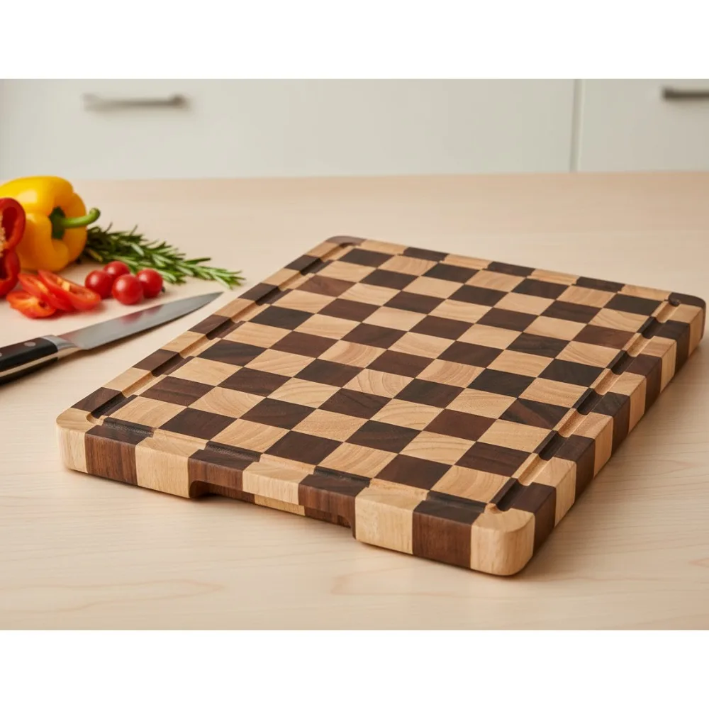 

Большая разделочная доска из дерева акации с канавками для сока, сервировочный поднос для мясных блоков в клетку, в подарочная коробка в комплекте