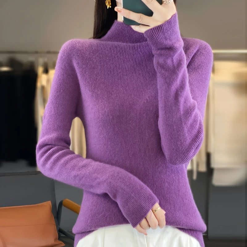 100% Merino Wool Women's Mock Neck Sweater Jumper 2024 Autumn/Winter New Fashion Women's Sweater Warm Sweater Top