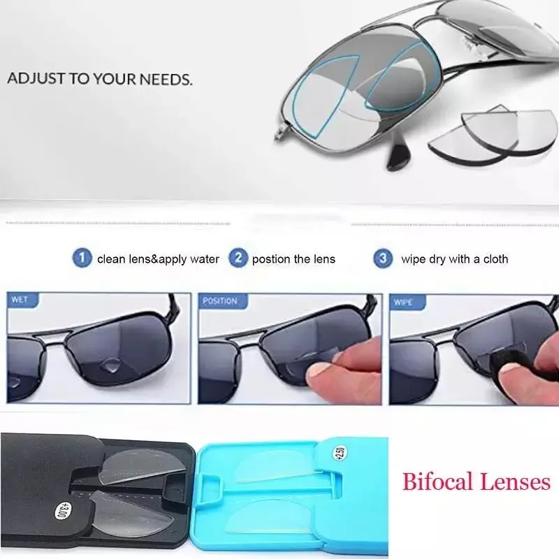 Vergrößerung Wiederverwendbare Bifokallinsen Flüssigsilikon Bifokallinse Stick-on Presbyoc-Brille Sonnenbrille mit Dioptrien – Detail 5