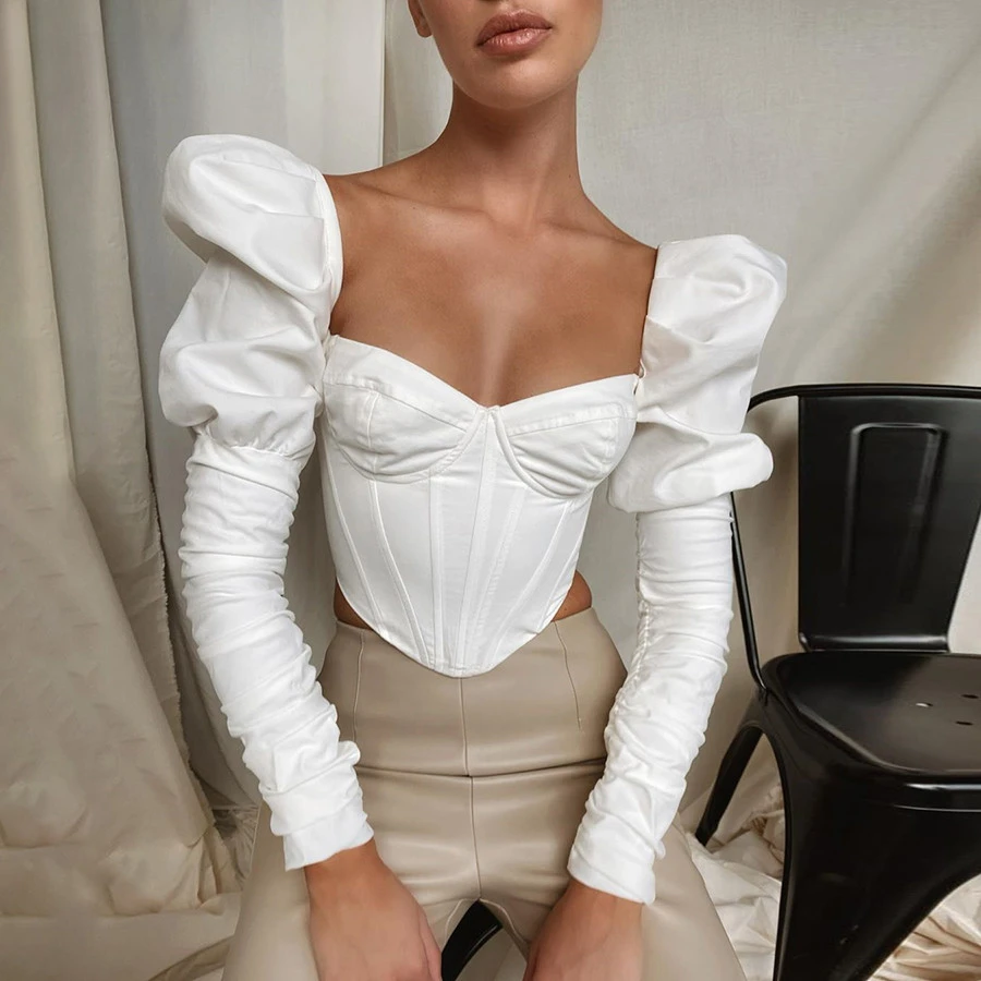 BWQ Elegant Romantic Irregular Croped Corset Top Women Stylish Puff Sleeve Vacation Crop Top Skinny Female Casual Streetwear